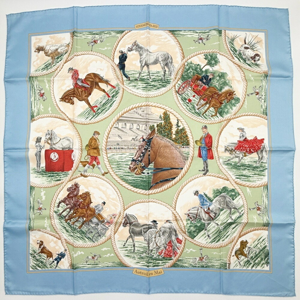 Hermes scarf/muffler, carré 90, "May in Auteuil," silk, light blue/green, lar...